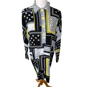 FINAL SALE Vintage 80s Traces Polka Dots Geometric Yellow Black Dress 12
